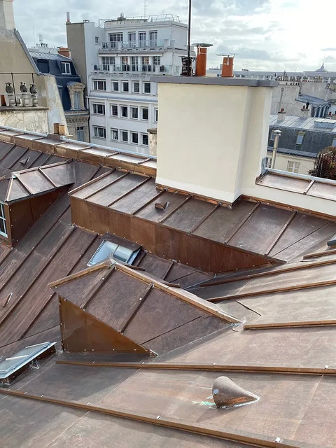 Vue extérieure de toitures urbaines avec couverture en zinc à joints debout