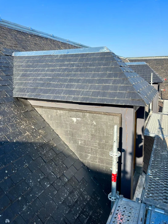 Ext&eacute;rieur d'une maison moderne avec toiture en tuiles m&eacute;talliques grises ondul&eacute;es