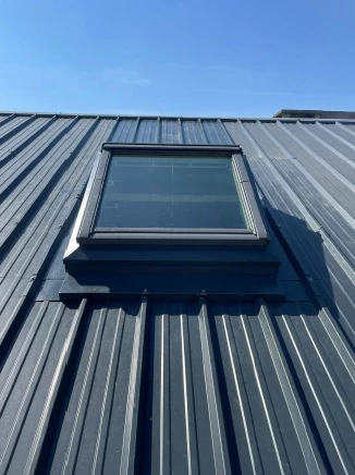 Vue aérienne d'une toiture parisienne avec couverture en zinc patiné, lucarnes à frontons, chéneaux et descentes pluviales